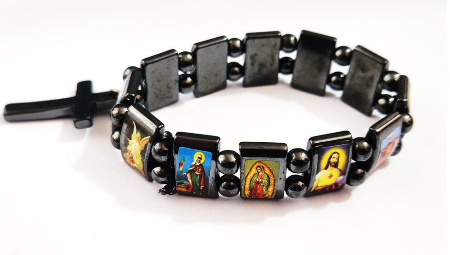 Hematite Semi Precious Stone Saints Bracelet with Hematite Crucifix - Image 2