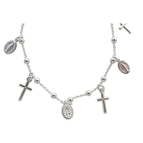 Sterling Silver Miraculous Medal & Cross Bracelet