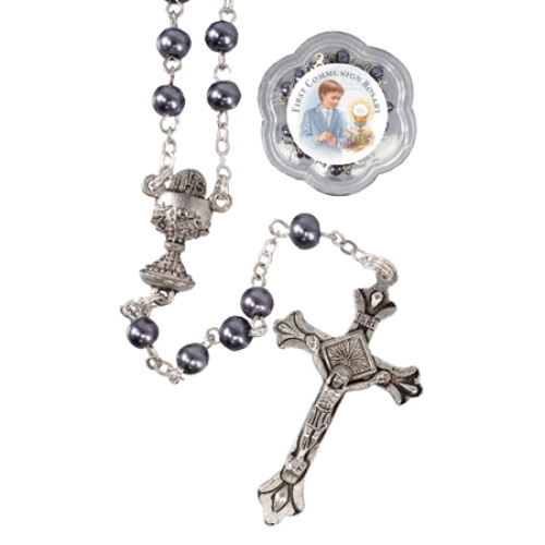 First Holy Communion Boy Rosary - Grey Faux Pearl