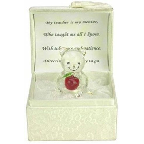 Teacher Gift Box - Hand Blown Glass Teddy with red glass apple