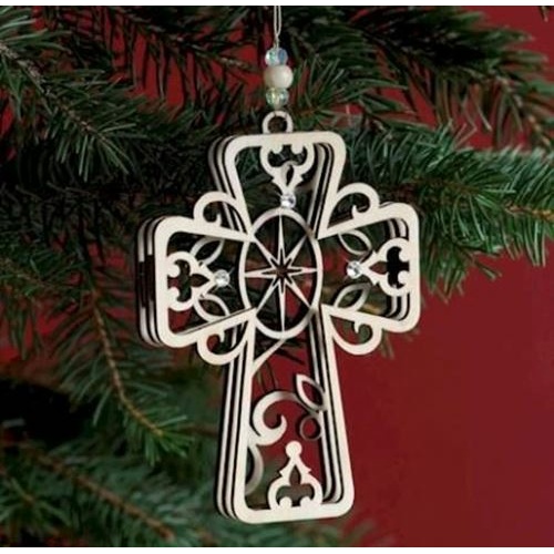 Flourish - 10.5cm Wooden Laser Cut Cross hanging layered ornament with diamante'