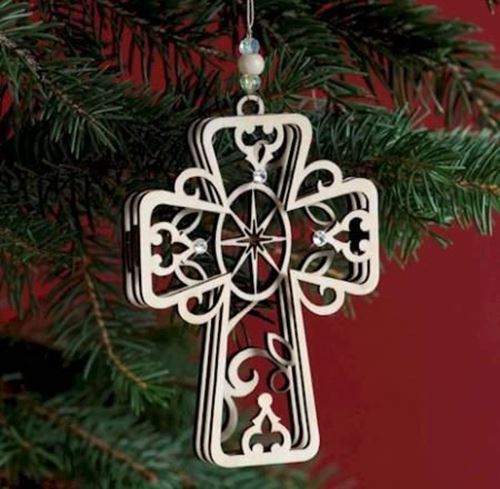 Flourish - 10.5cm Wooden Laser Cut Cross hanging layered ornament with diamante'
