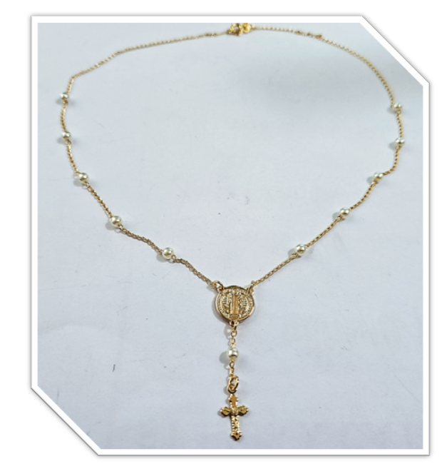18kt Gold Filled St Benedict Pearl Rosary - Image 3