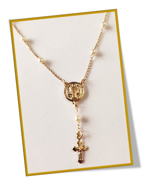 18kt Gold Filled St Benedict Pearl Rosary - Image 2
