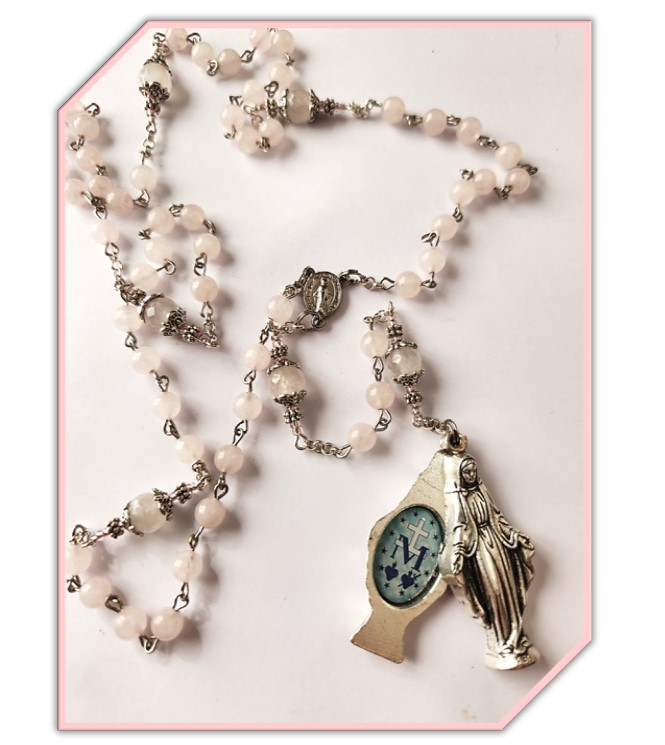 Rose Quartz Semi Precious Stone Miraculous Medal Rosary - Image 3