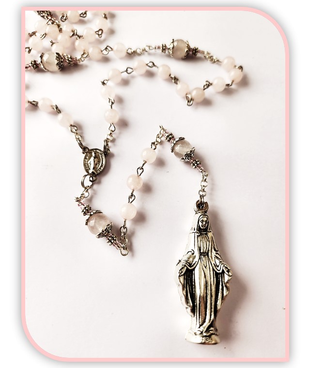 Rose Quartz Semi Precious Stone Miraculous Medal Rosary - Image 4