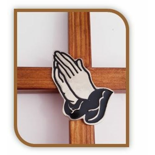 29cm Wooden Standing Cross with silver Praying hands