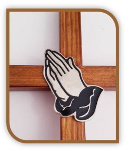 29cm Wooden Standing Cross with silver Praying hands
