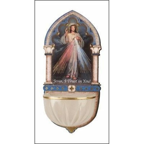 13cm Divine Mercy Wooden font with Luminous Holy Water bowl