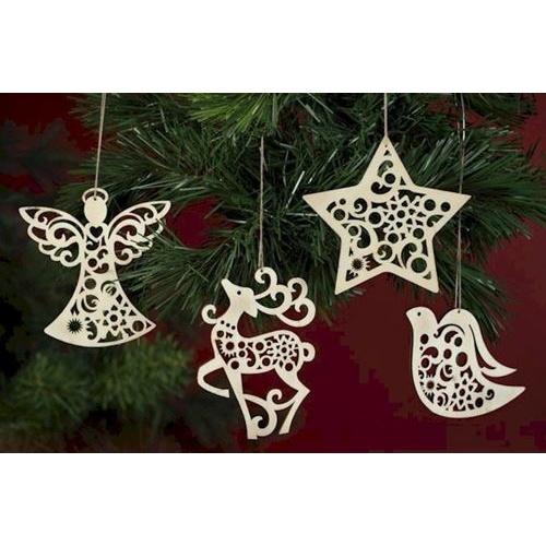 Flourish - Set of 4 wooden laser hanging ornaments - angel, dove, deer & star