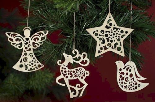Flourish - Set of 4 wooden laser hanging ornaments - angel, dove, deer & star
