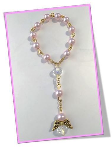 One Decade Faux Pink Glass pearl Rosary with Crystal Angel