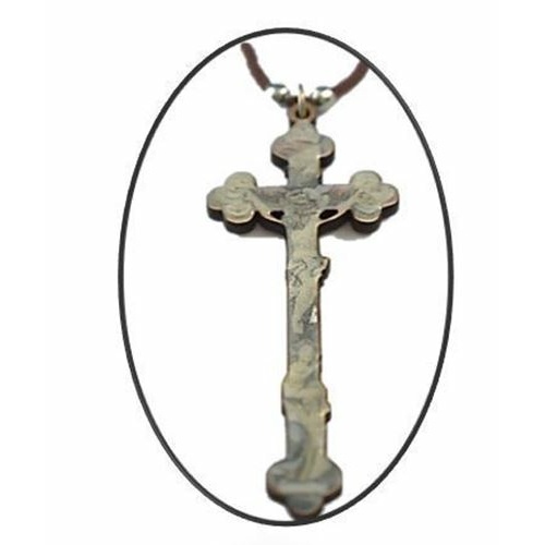 8cm Wooden Cross with images of Jesus & Mary - Cord