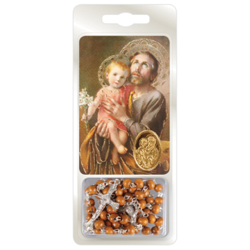 St Joseph Wooden Rosary and Holy Card - Gift Set