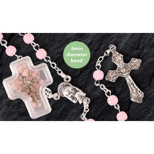Pink Glass Mini Rosary in Cross box