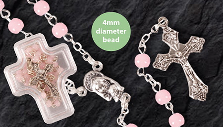 Pink Glass Mini Rosary in Cross box