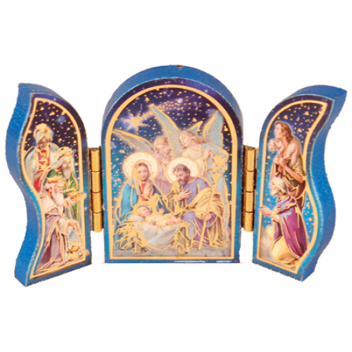 Wooden Nativity Triptych with gold foil highlights - Folding Plaque 6.5cm wide