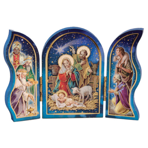 Wood Triptych - Nativity with gold Foil Highlights - 13cm