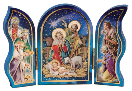 Wood Triptych - Nativity with gold Foil Highlights - 13cm