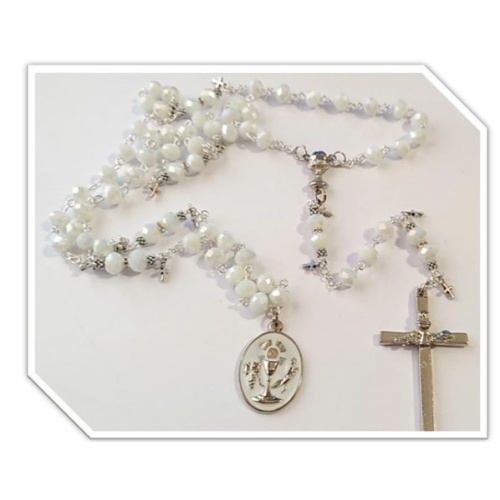 White Austrian Crystal Rosary with Eucharist, Chalice & Grapes medal - Limited Edition