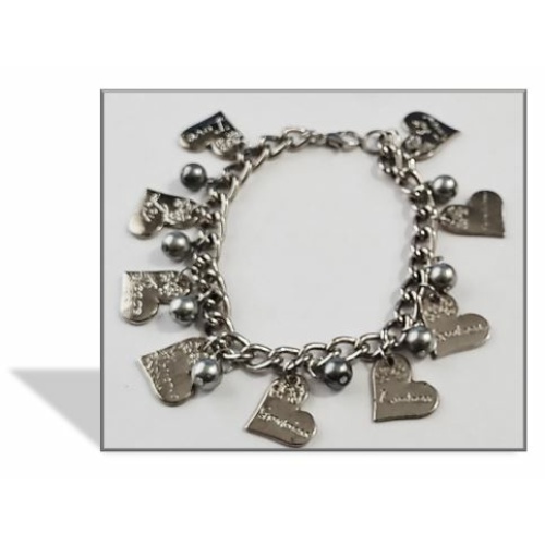 Fruits of the Holy Spirit Charm Bracelet with Grey glass faux pearls