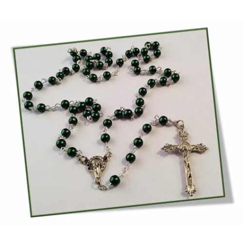 Bottle Green Faux Glass 6mm Pearl Rosary