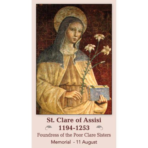 St Clare of Assisi Holy Card - Patron saint of Eye diseases, goldsmiths & Laundry