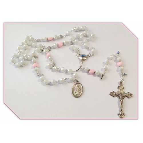 Baptism Rosary - White Crystal with Pink Hearts & St Michael medal - Limited Edition