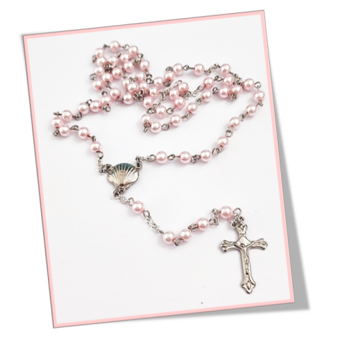 Pink Faux pearl Rosary 6mm bead in Organza Bag