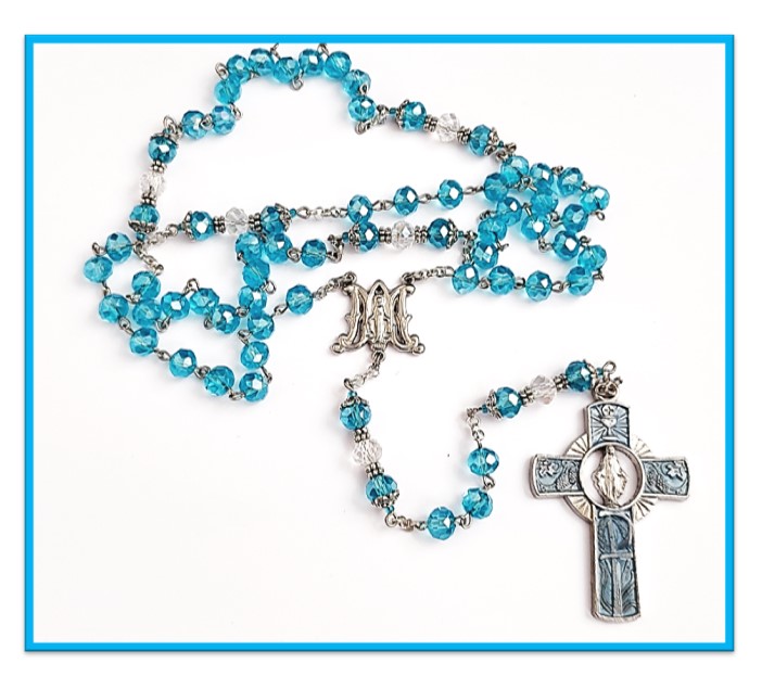 Our Lady of Grace Blue Crystal Glass Rosary with enamel inlay cross - Image 3
