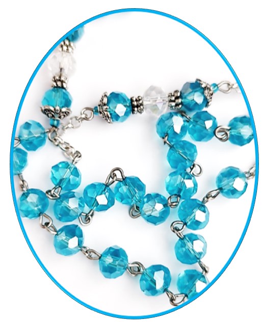 Our Lady of Grace Blue Crystal Glass Rosary with enamel inlay cross - Image 2