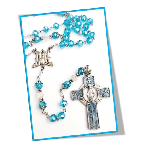 Our Lady of Grace Blue Crystal Glass Rosary with enamel inlay cross