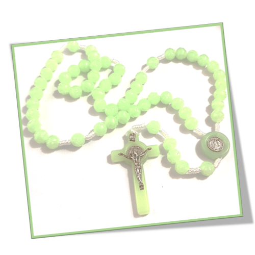 St Benedict 10mm Rose Bud Glow in the Dark Rosary