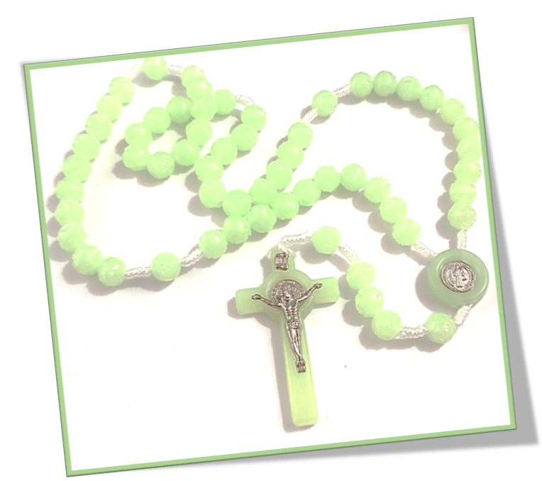 St Benedict 10mm Rose Bud Glow in the Dark Rosary
