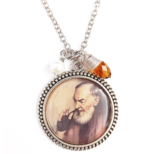 St Pio Pendant with Bead Drops Necklace - 55cm chain