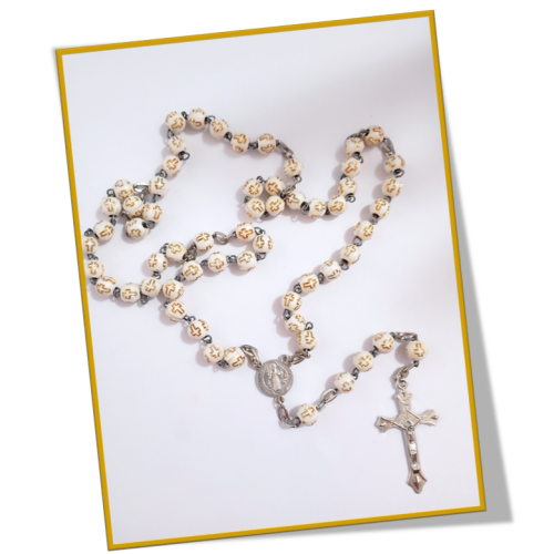 Gold Cross on White Bead Rosary - 5 decade