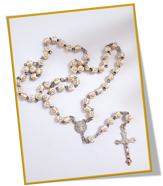 Gold Cross on White Bead Rosary - 5 decade