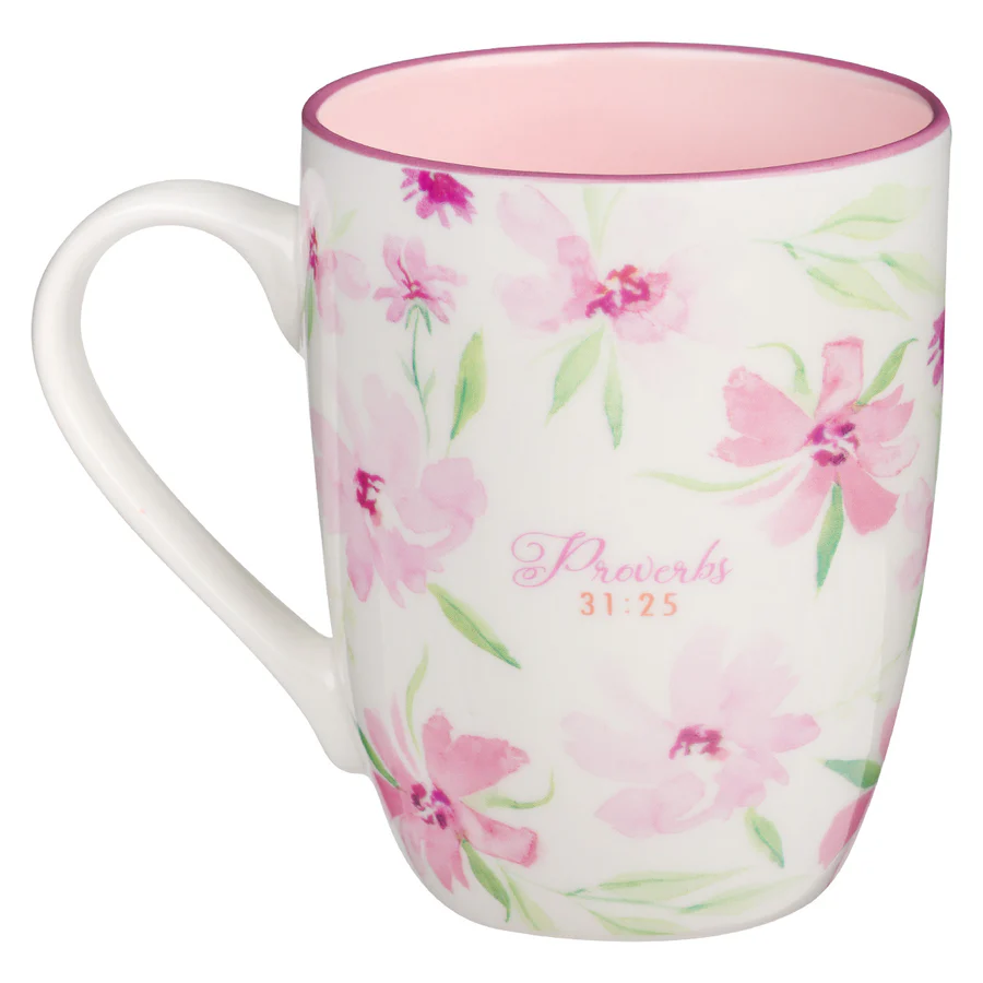 Strength And Dignity Floral Ceramic Mug With Pink Interior - Proverbs 31:25 - Image 2