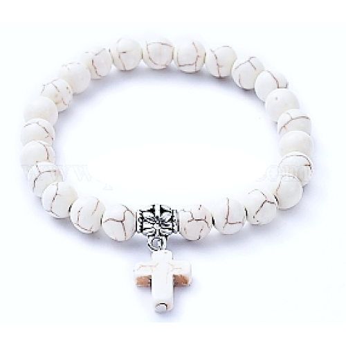 Semi Precious Stone Howlite Stretch bracelet with Cross - White