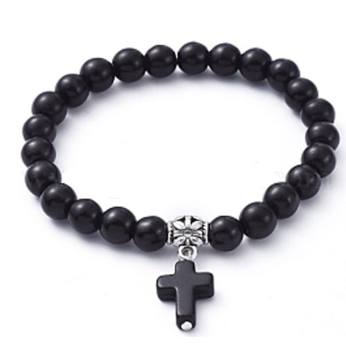 Semi Precious Stone Howlite Stretch bracelet with Cross - Black