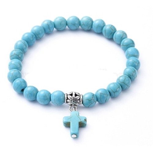 Semi Precious Stone Howlite Stretch bracelet with Cross - Turquoise