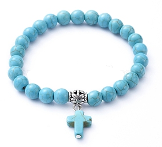 Semi Precious Stone Howlite Stretch bracelet with Cross - Turquoise