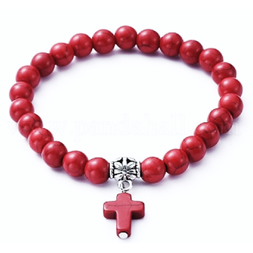 Semi Precious Stone Howlite Stretch bracelet with Cross - Red