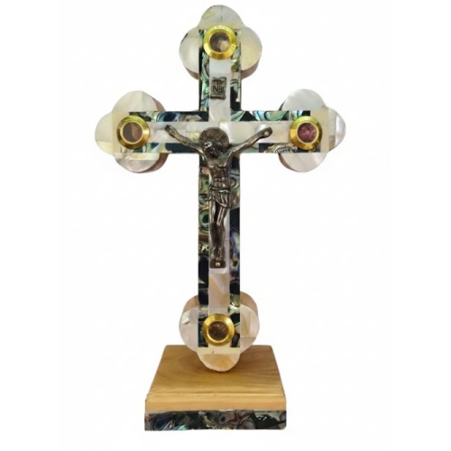 Holy Land Olivewood Full Mother of Peal Crucifix 20cm - Standing