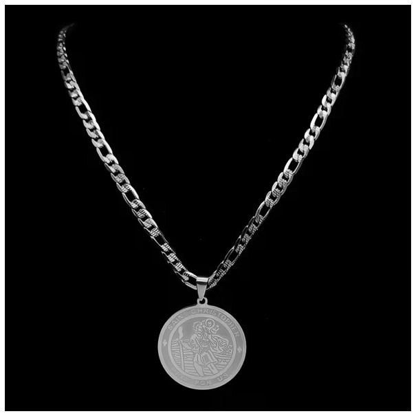 Stainless Steel St Christopher Pendant with 54cm Figaro Chain - Image 4