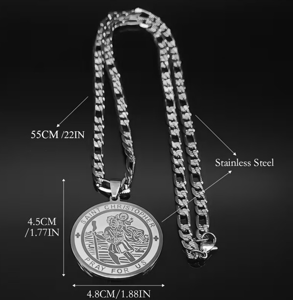 Stainless Steel St Christopher Pendant with 54cm Figaro Chain - Image 3