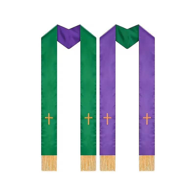 Reversable Stole - Purple & Green with Cross and Fringe