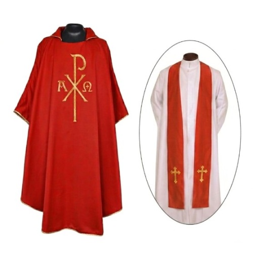 Red Gothic Chasuble with Stole Collar - Px with Alpha & Omega