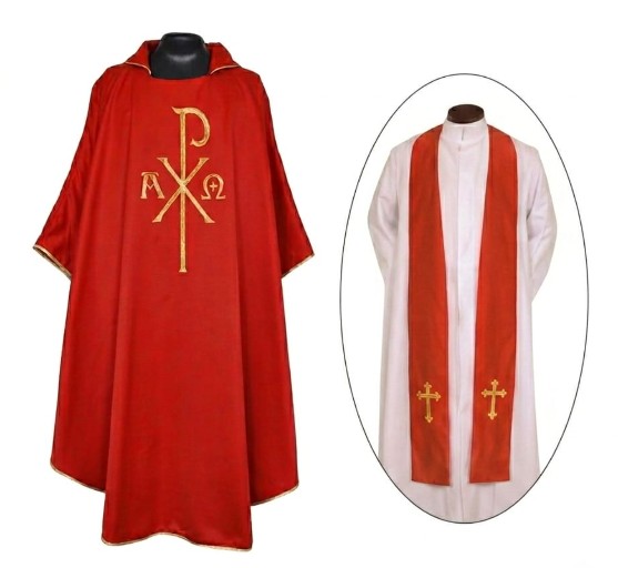 Red Gothic Chasuble with Stole Collar - Px with Alpha & Omega