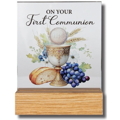 On Your First Holy Communion Glass Plaque in wood base - 14 x 10cm